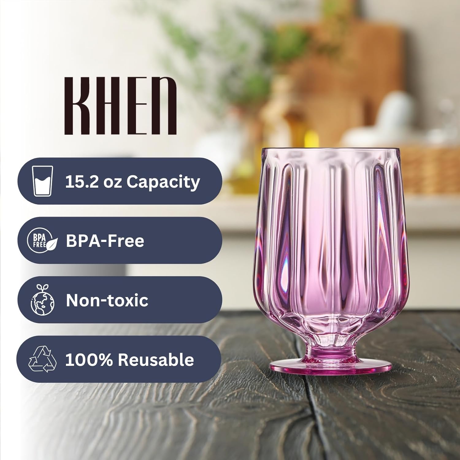 Khen Unbreakable Premium Drinking Glasses Set of 4-15oz Acrylic Plastic Goblet - European Style Shatterproof BPA-free Glassware Dishwasher-Safe, Indoor & Outdoor (Purple-Lilac)