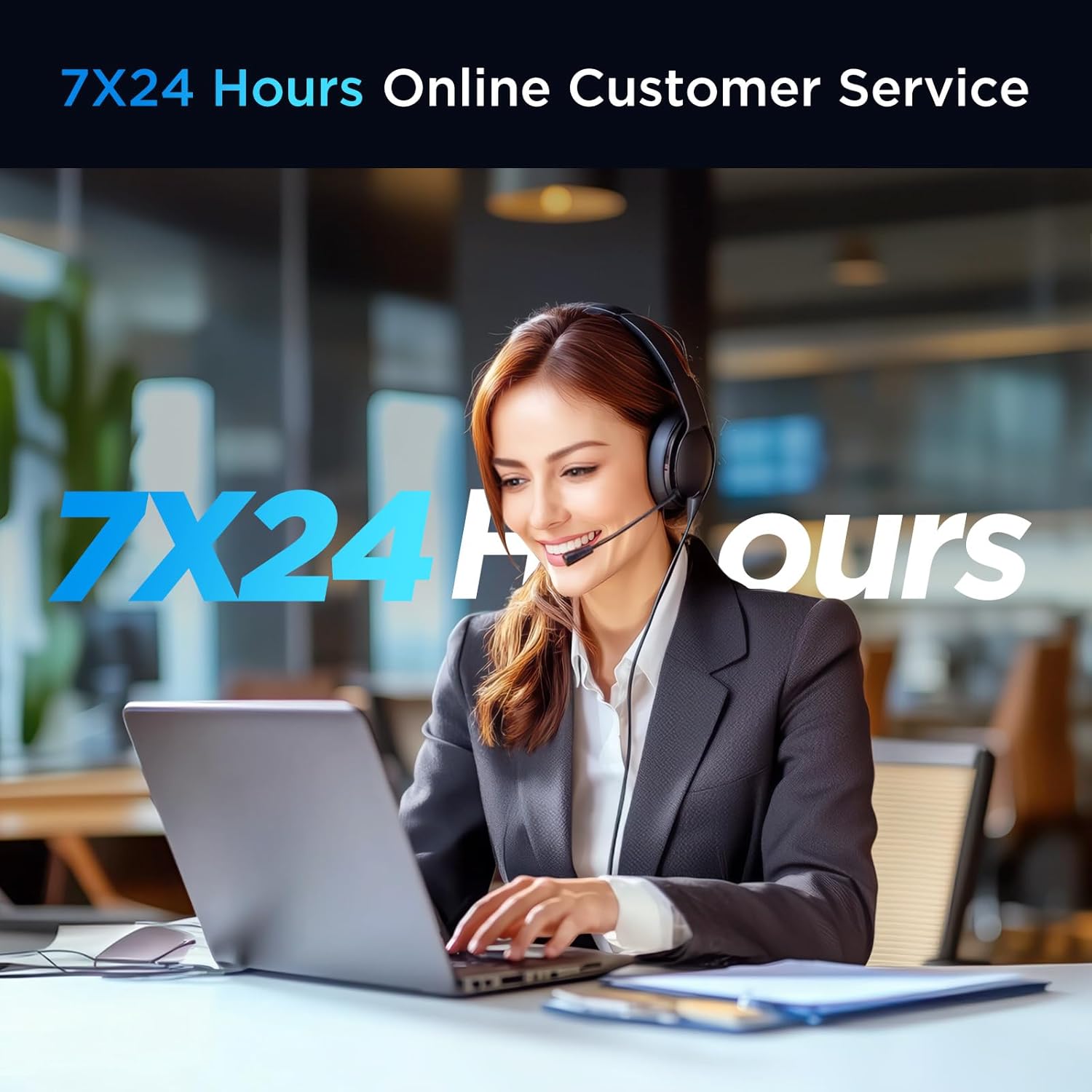 A customer service representative wearing a headset, smiling and working on a laptop, with '7X24 Hours Online Customer Service' text.