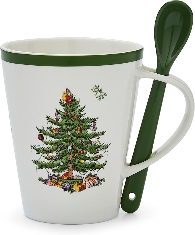 Christmas Tree Mug & Spoon Set, 14 Oz Porcelain Mug for Coffee, Tea, Milk, Hot Cocoa - Festive Gift Box - Dishwasher & Microwave Safe - Holiday Collection Design for Gifting (Christmas Tree)