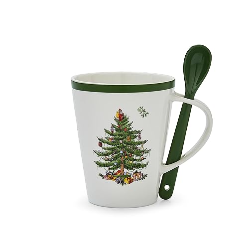 Spode Christmas Tree Mug & Spoon Set, 14 Oz Porcelain