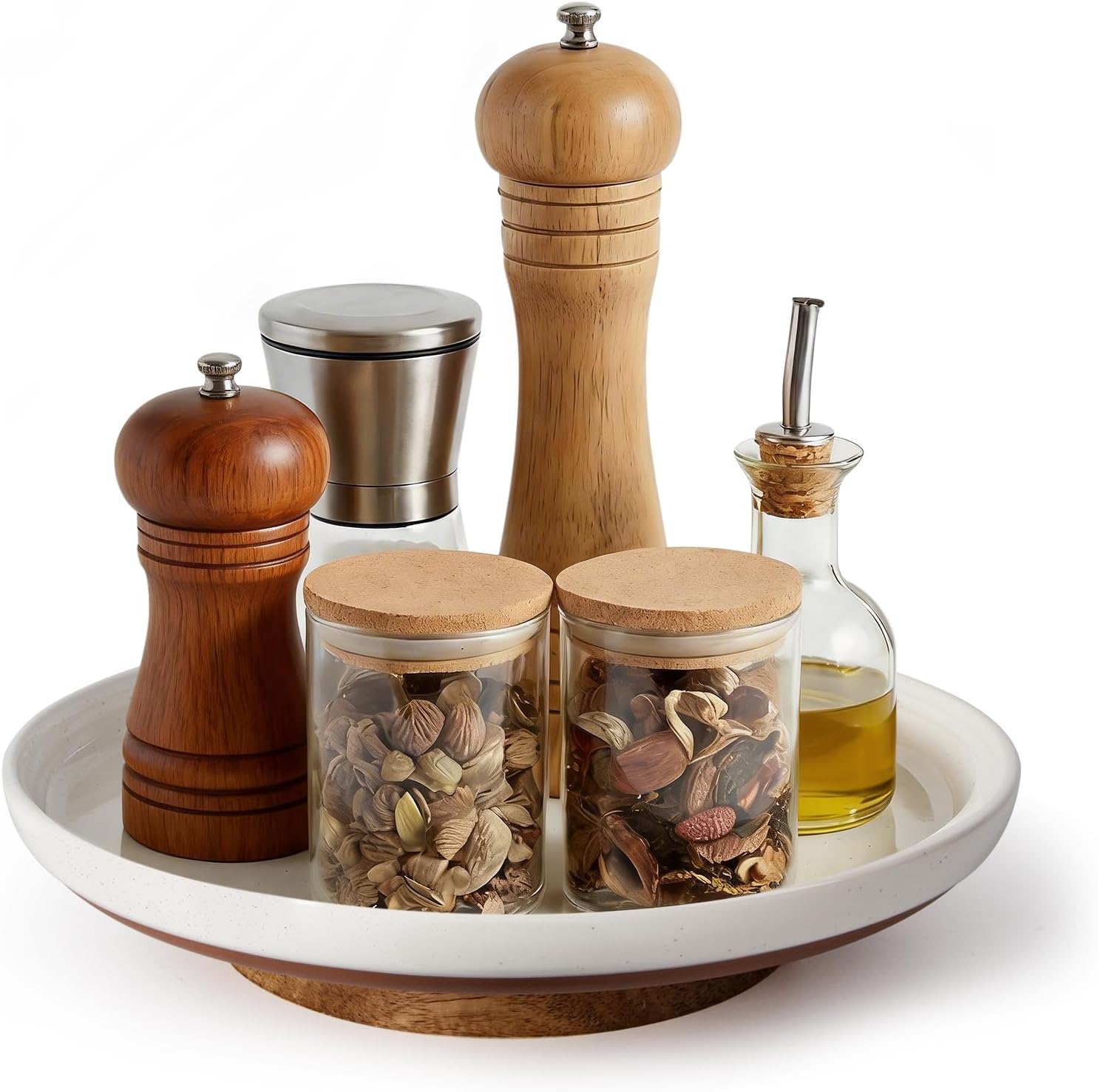 Ceramic Lazy Susan Turntable Organizer, 10.3 Inch Round Rotating Tray with Acacia Wood Base, White Speckled Glazed Spice Rack for Kitchen Countertop, Dining Table,Farmhouse Decor，Khaki White