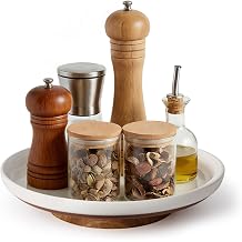 Ceramic Lazy Susan Turntable Organizer, 10.3 Inch Round Rotating Tray with Acacia Wood Base, White Speckled Glazed Spice Rack for Kitchen Countertop, Dining Table,Farmhouse Decor,Khaki White