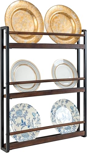 MyGift 3-Tier Wall Mounted Plate Rack, Matte Black Metal and Burnt Wood Display for 6-10 Inch Plates