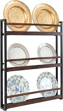 MyGift 3-Tier Wall Mounted Plate Display Rack Industrial Matte Black Metal & Dark Burnt Wood Storage for 6-10 Inch Plates, Decorative Plate Holder for Kitchen or Dining Room
