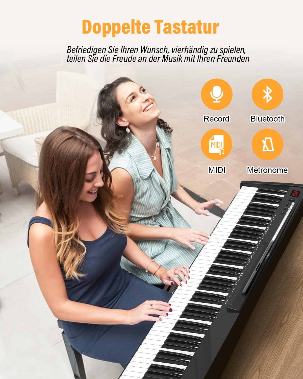 The OYAYO digital piano's control panel displaying options for 129 tones, 128 rhythms, and 30 demo songs, along with icons for Bluetooth and MIDI.