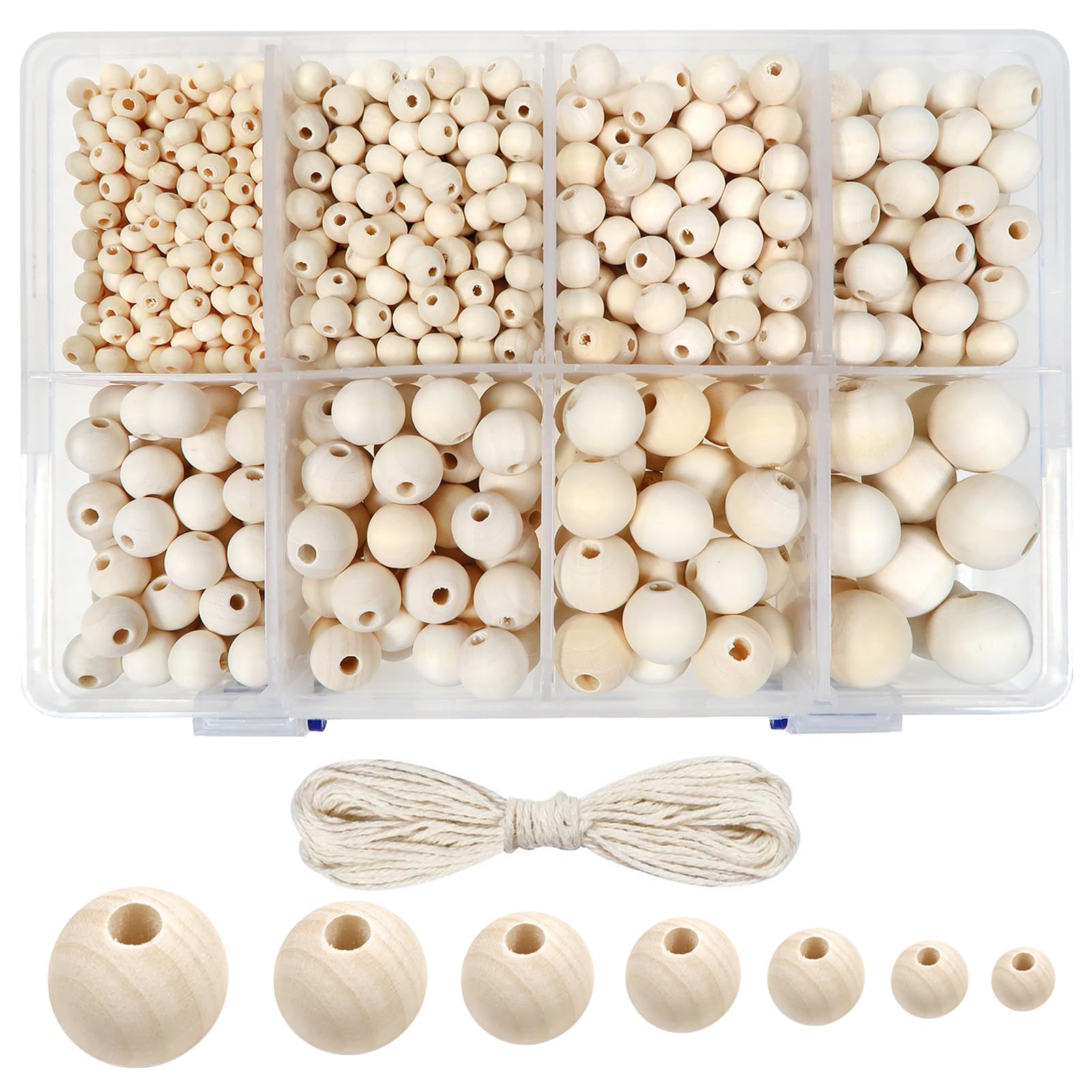 TOAOB 1050 Pezzi Perline in Legno Naturale 6mm a 20mm e 15 Metri Macrame Corda Filo Cotone Rotonde Palline Legna per Braccialetti Collane Lavoretti Fai da Te Decorazioni Artigianali