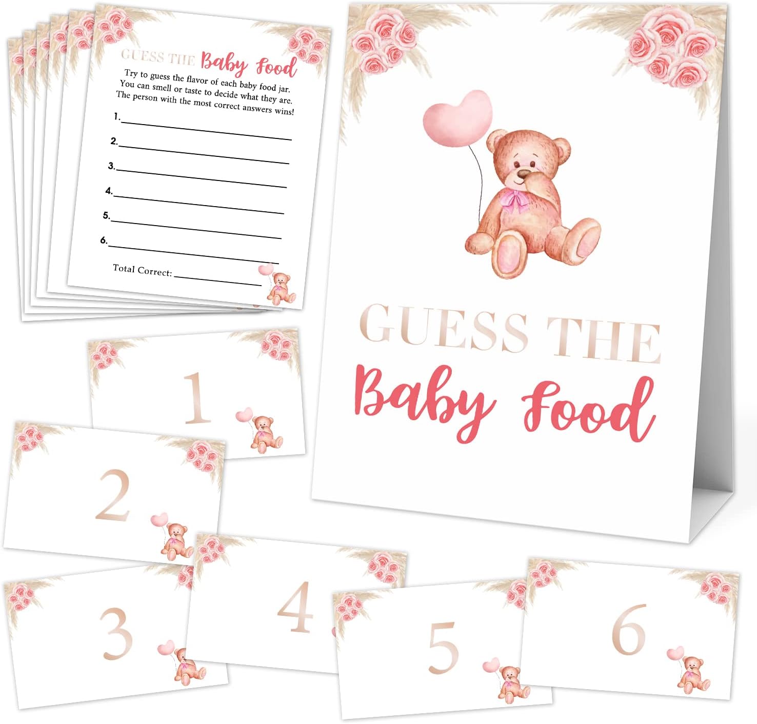 Guess The Baby Food Party Games, Juego Bohemio De Baby Shower Con Arco Iris 1 Letrero De Pie 20 Tarjetas De Respuesta 6 Tarjetas De Numeros