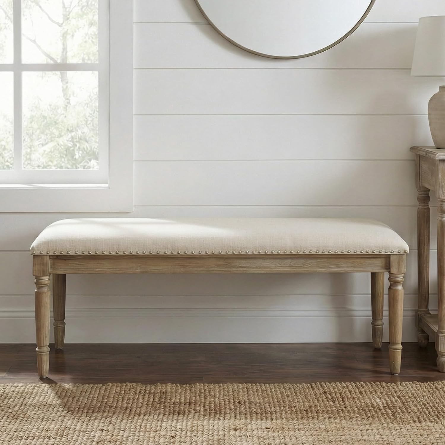 chairus Farmhouse Dining Bench 46" Wooden Entryway Bench with Padded Seat and Nailhead Trim for Kitchen Bedroom,Indoor and Hallway, Beige Linen - Amazon product rated Grade B