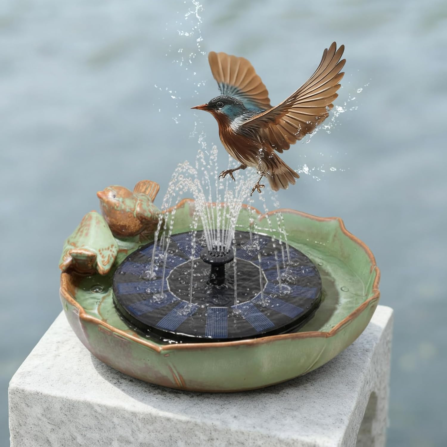 Solar Fountain Ceramic Bird Bath for Outdoors Hummingbird Solar Fountain with Ground Ceramic Bird Baths Bowl for Outside, Large Table Top Garden Decor for Patio Yard Home