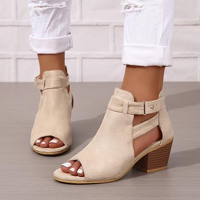 SACFOF Womens Peep Toe Booties Cutout Side Strap Mid Black Chunky Heel Cutout Sandals Ankle Bootie with Back Zipper
