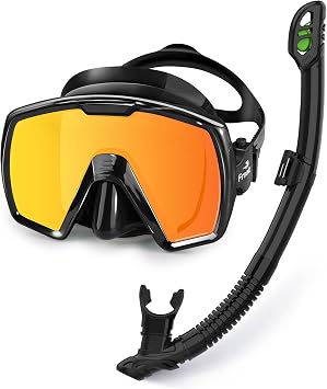 Freela Adult Dry Snorkel Set Scuba Diving Mask with Nose Cover for Men Women Youth, Safety Tempered Glass 180 Wide View, Anti Fog No Leak Mirrored Orange Len Snorkeling Gear for Swimming, Diving