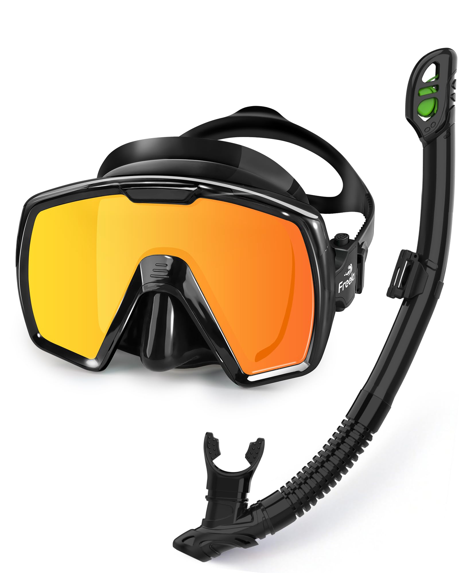 Freela Juego de esnórquel seco para adultos, máscara de buceo con cubierta de nariz para hombres, mujeres y jóvenes, vidrio templado de seguridad de visión amplia de 180°, antivaho, sin fugas, espejo