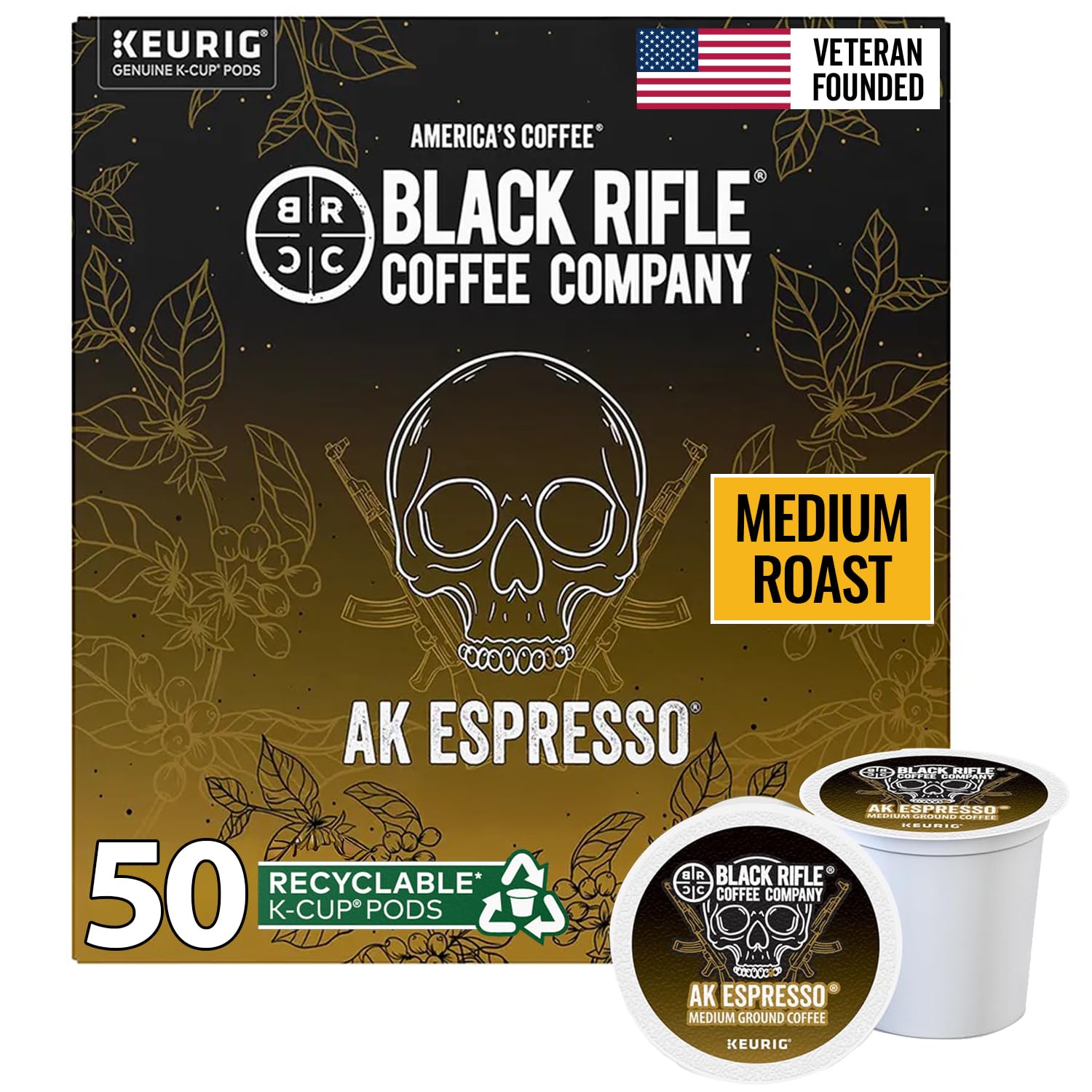 Black Rifle Coffee Company AK Espresso 50 Count Medium Roast K Cups - Single Serve K Cups Coffee