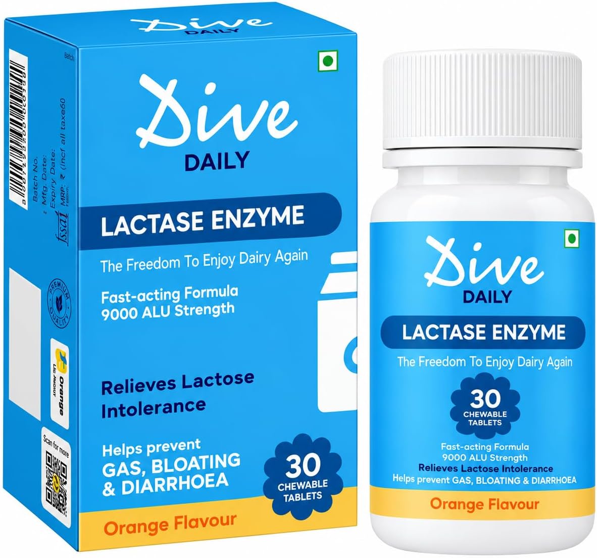 Daily Lactase Enzyme | Chewable Tablet | Dairy Relief Supplement | 9000 ALU Strength | Prevents Gas, Bloating, Diarrhea | 100% Vegetarian | Sugar-Free | Orange Flavour, 30 Count