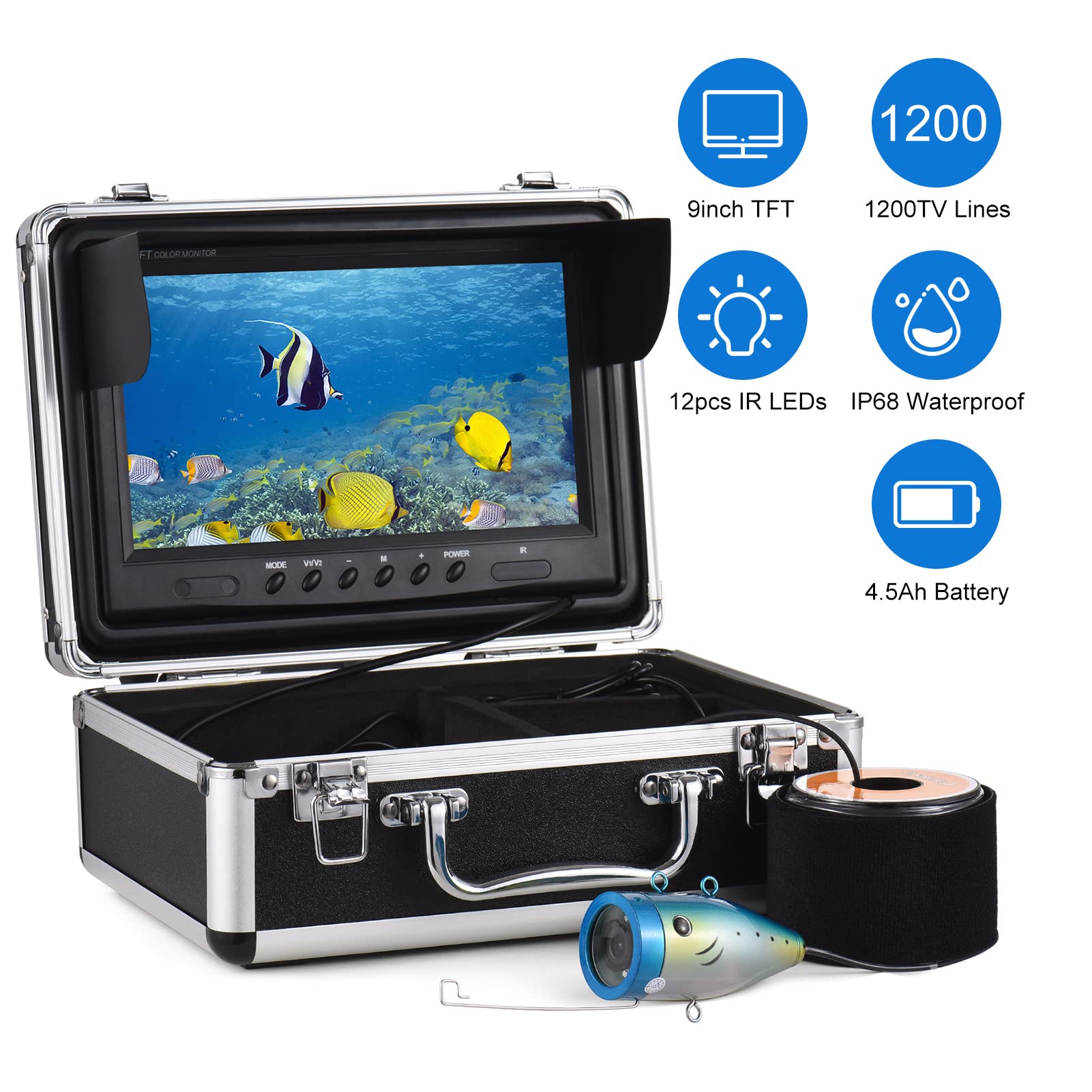 Fotocamera per la pesca sott'acqua, 1200TVL, telecamera subacquea, con 12 LED IR da 7 pollici/9 pollici, display LCD da 15 m/30 m/50 m, cavo IP68, impermeabile, per pesca sul ghiaccio