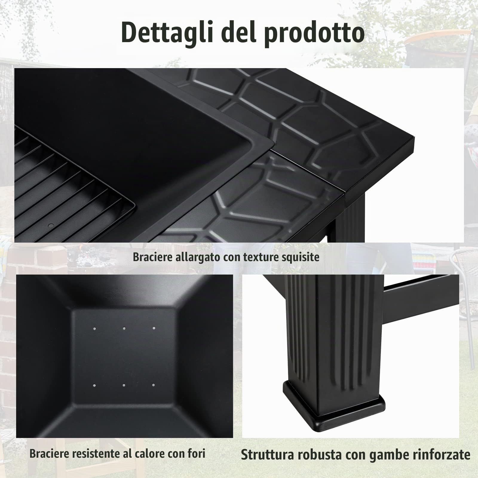RELAX4LIFE Braciere Quadrato da Giardino in Ferro, Braciere e Coperchio Parascintille a Rete con Attizzatoio Lungo, Bordo Largo Portaoggetti, Braciere da Esterno Multiuso per Riscaldamento e Barbecue