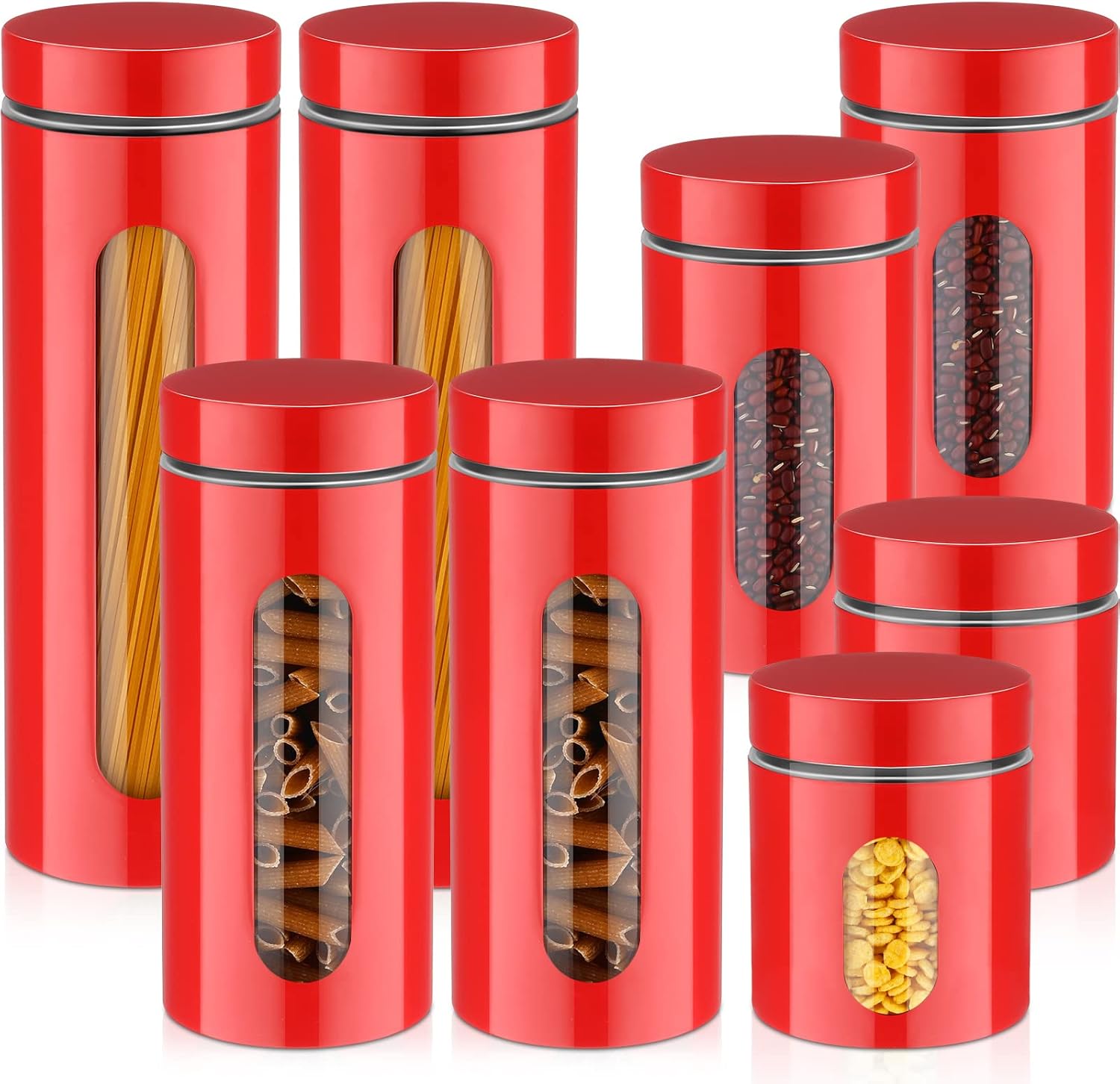 Zopeal 8 Pack Red Canisters Sets for The Kitchen Stainless Steel Canister Red Set with Glass Window Airtight Lid Food Storage Canisters for Flour Sugar Spices Grains Kitchen Countertop Decorations