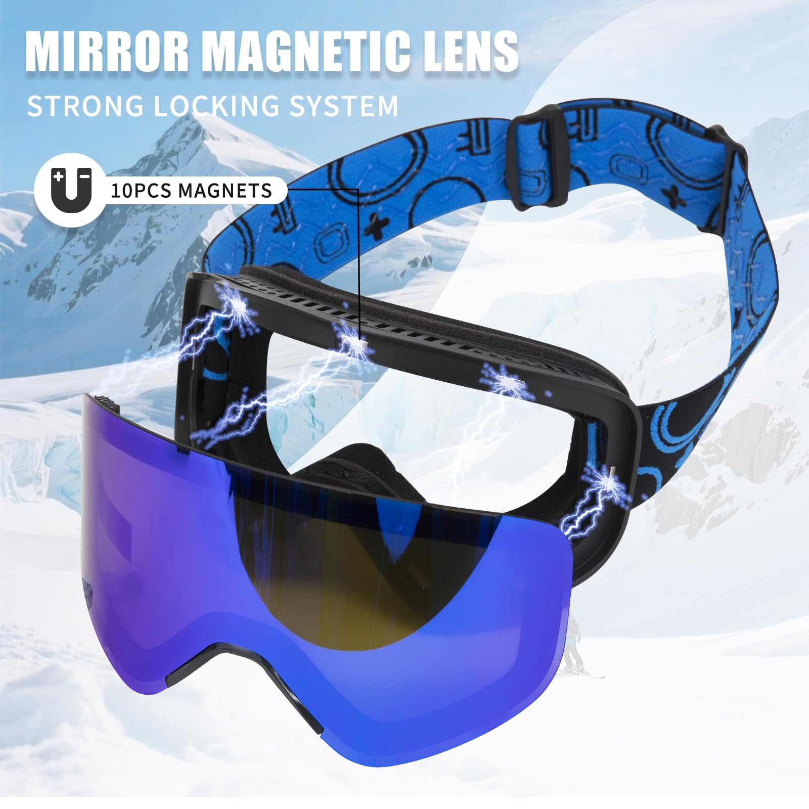 YH879B Lunettes de ski OTG et de planche à neige avec verres magnétiques interchangeables, protection UV et anti-buée, lunettes de neige pour homme et femme (monture noire, bleu Revo intégral, VLT 19