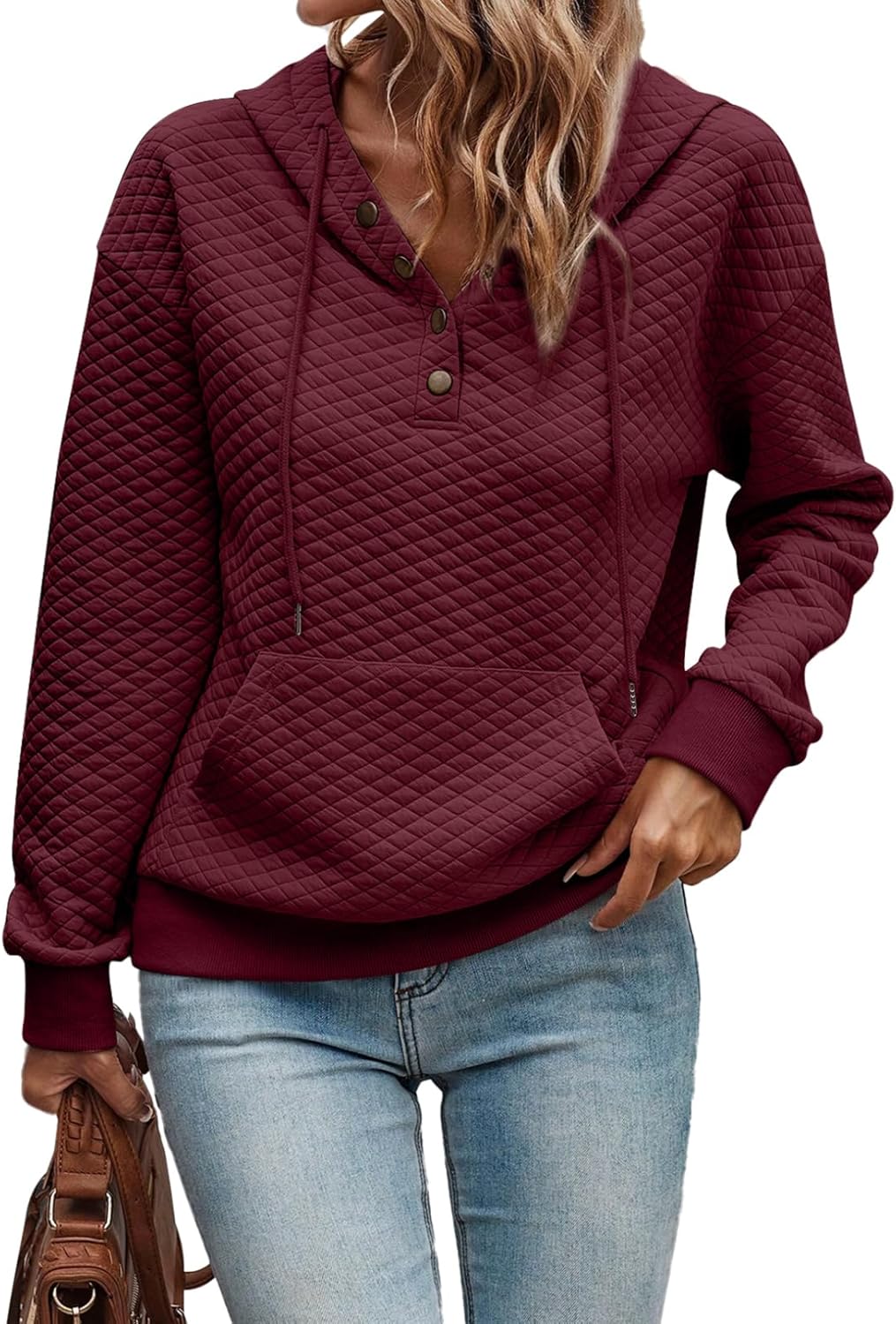 SHEWIN Women's Hoodies Casual Long Sleeve Quilted Half Button Drawstring Hooded Sweatshirt