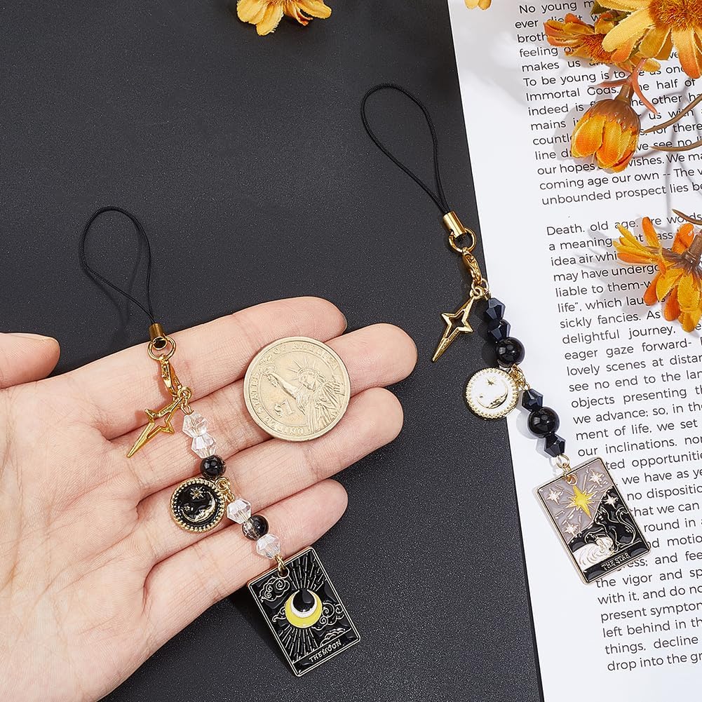 2Pcs Phone Charms Strap Aesthetic Black White Beaded Phone Bracelet Wrist Straps with Tarot Moon Star Charm Universal Lanyard for Women Men Camera Keychain Bag Pendant Decor Gift image 3
