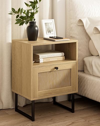 Miniatura 10 de Masupu Mesita de noche de ratán con estación de carga, moderna mesita de noche de madera bohemia con cajón de almacenamiento y estante abierto, mesa
