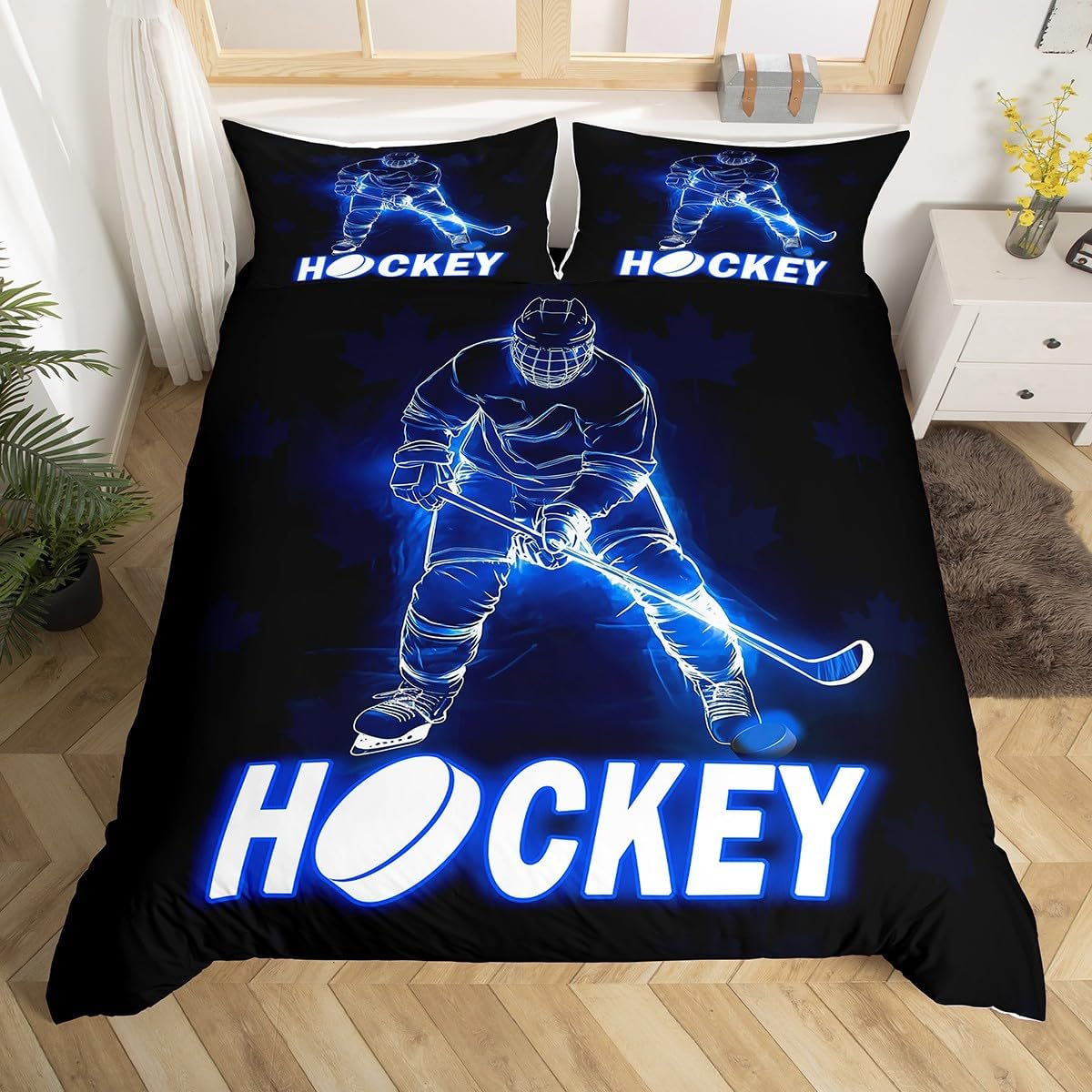 Ice Hockey Bedding Set Buffalo Plaid Decor,Pucks Sports Ball Games Duvet Cover Twin for Boys Kids,Extreme Sport Comforter Cover for Hockey Player,Maple Leaf Quilt Cover Canadian Flag Decor Green