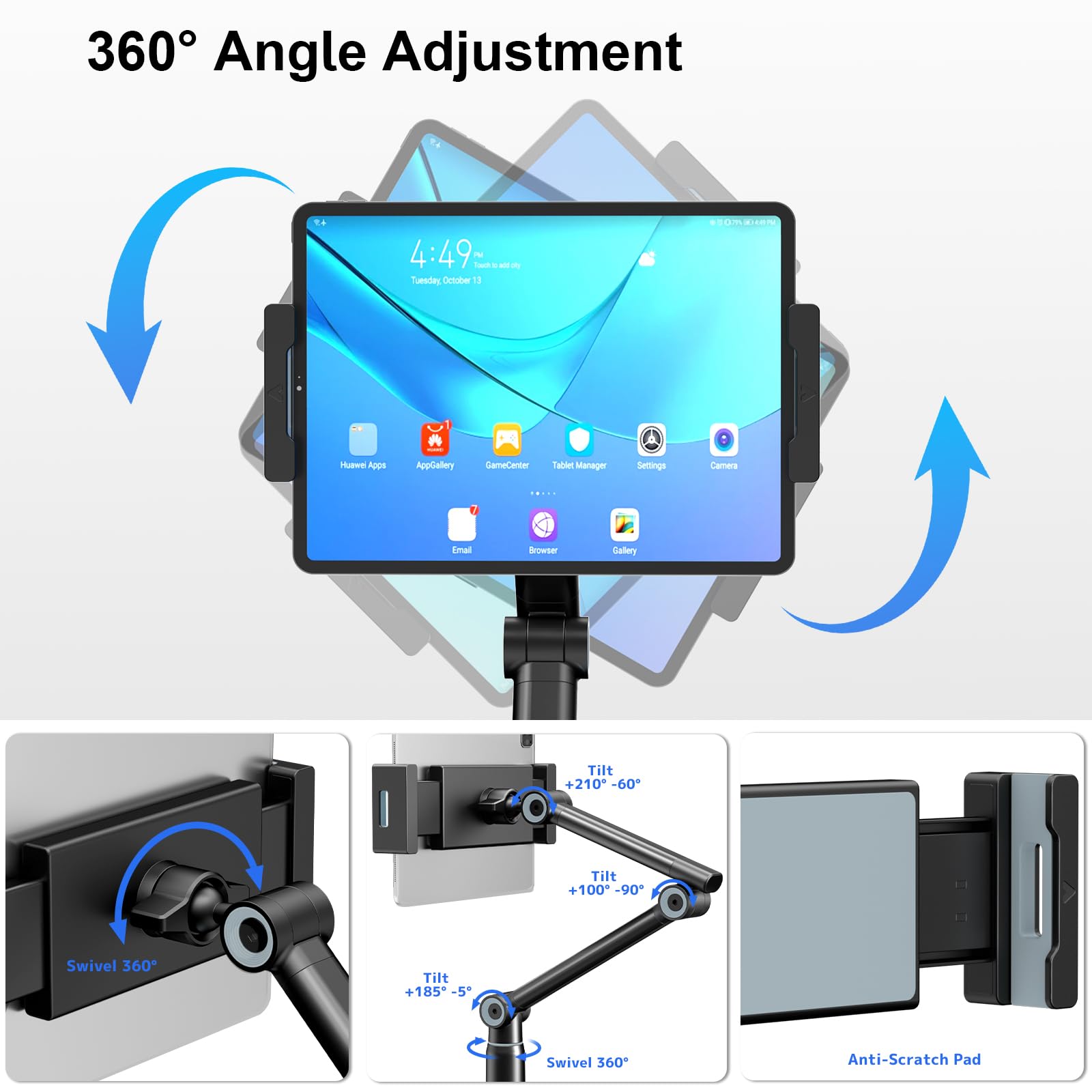 Supporto universale per tablet con base resistente per tablet da 4,7 – 12,9 pollici, altezza regolabile e girevole a 360 gradi