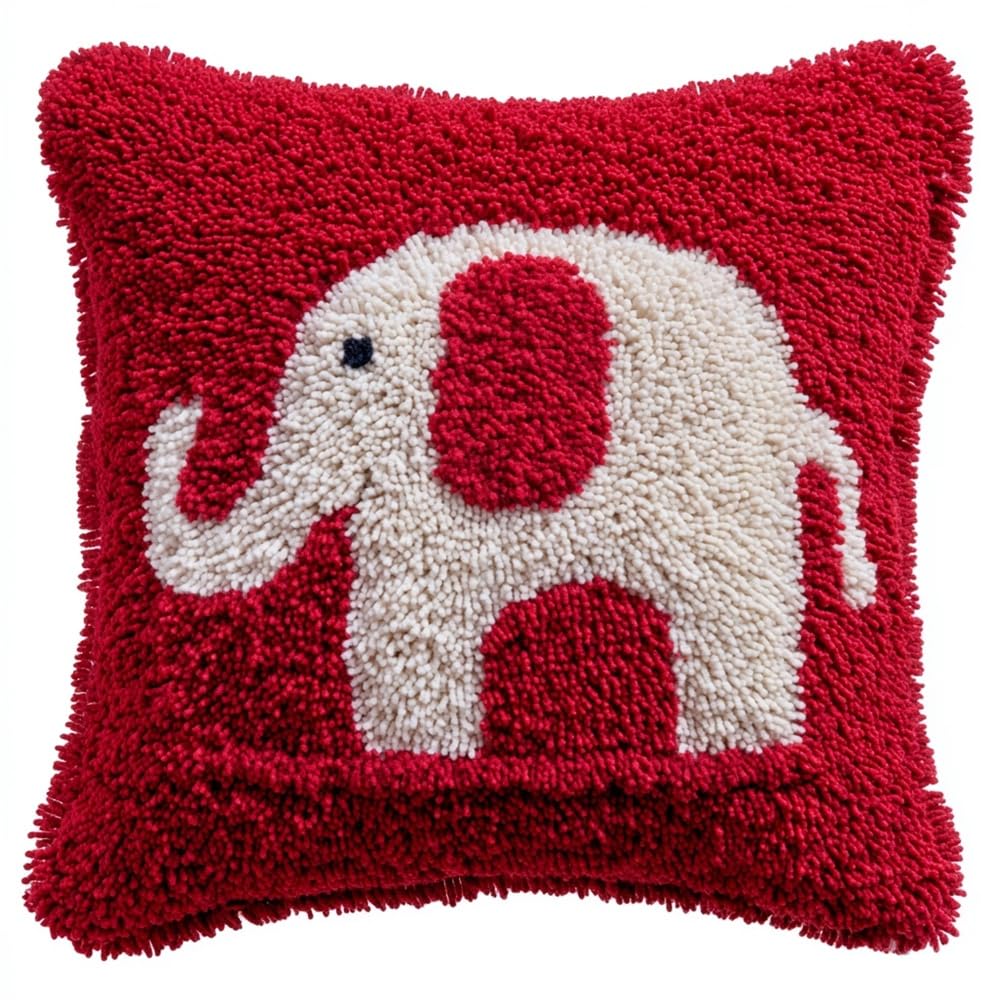 kitphoenix Latch Hook Cushion Kit -Elephant 17X17Inch, DIY Needlework Pillow Cover Cushion Rug Making Kit for Adults
