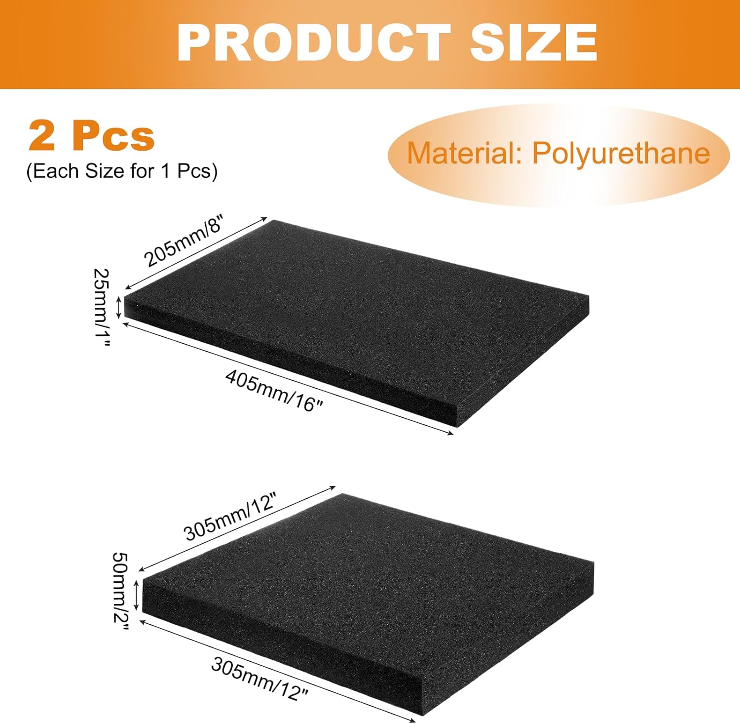 MECCANIXITY 2 Pcs Polyurethane Foam Inserts, 12"Lx12"Wx2"T & 16"Lx8"Wx1"T Cuttable Polyurethane Pick and Pluck Packing Sheets Cushioning Padding for Cases Tool Box Game Box Camera(Black)