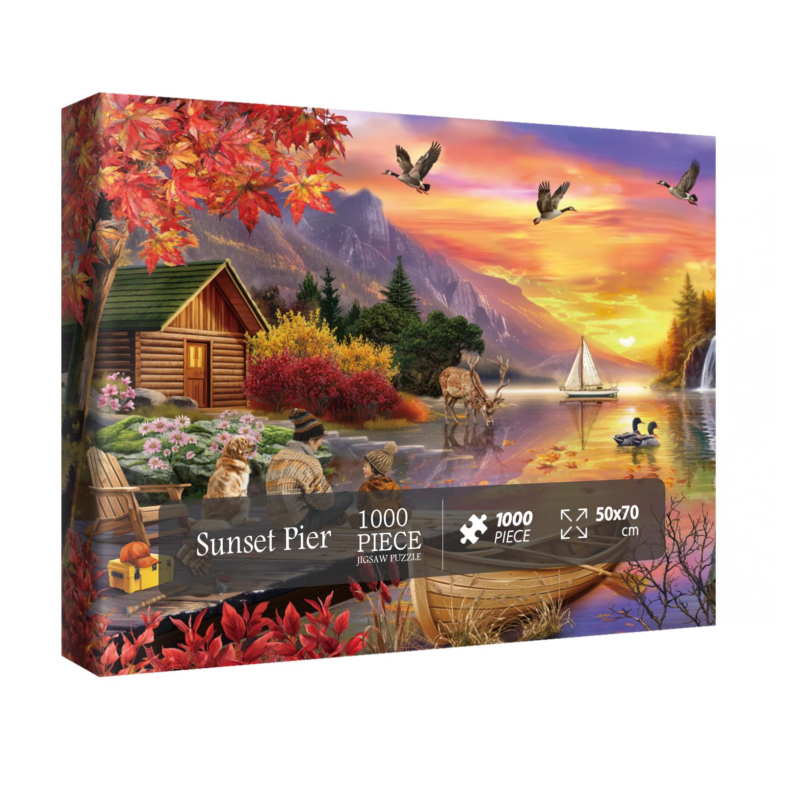 Sunset Landscape Puzzles for Adults 1000 Pieces, Autumn Fishing Camping Lake Jigsaw Puzzles, Beautiful Bird Dog Flower Deer Duck Animal Tree Scenic Puzzle