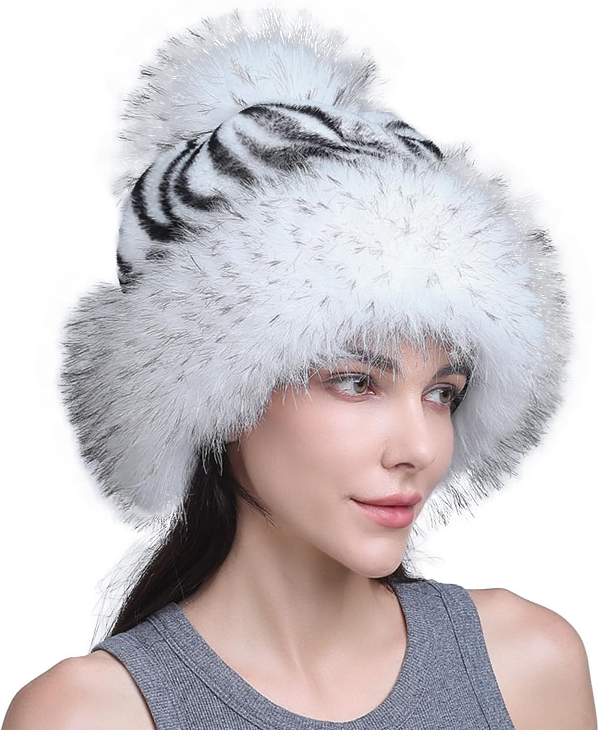 Women Faux Fur Trapper Hat Russian Cossack Ushanka Hat Men Winter Warm Earflap Mongolian Bucket Cap Fuzzy Pompom Cap