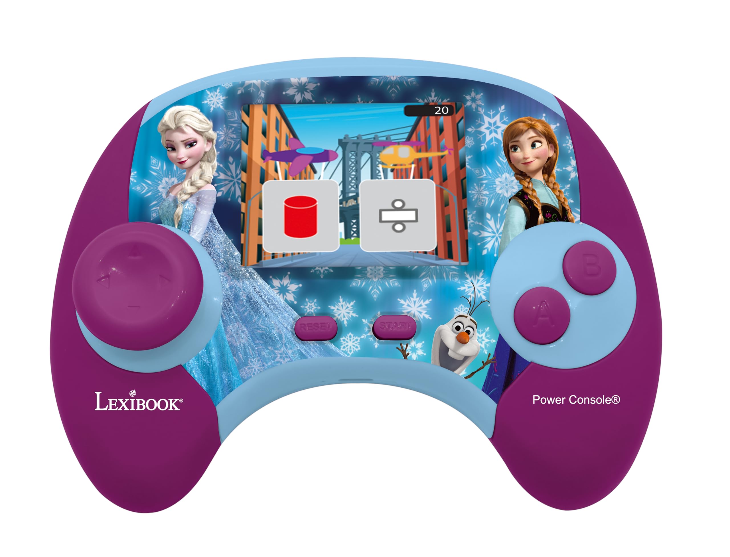 LEXIBOOK - Disney Frozen - Power Console, hiszpańska/angielska dwujęzyczna konsola do gier edukacyjnych z 100 zajęciami, JCG100FZi2