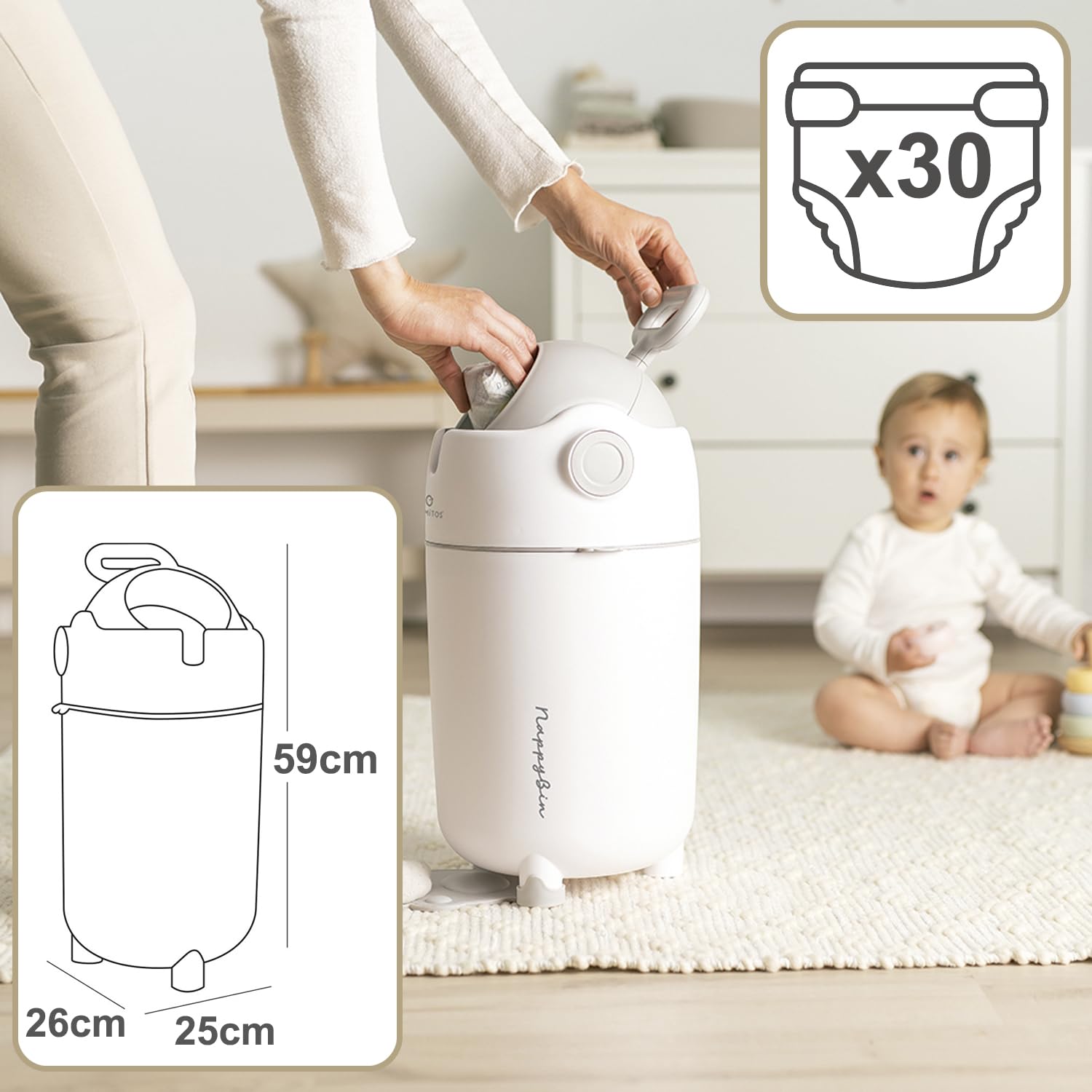 Olmitos - Cubo para Pañales con Sistema Antiolor NAPI, Contenedor pañales compacto y Gran Capacidad, Uso con Bolsas Convencionales, Fácil de Usar y Limpiar – Blanco