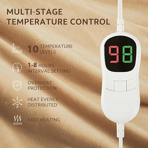 Miniatura 3 de PLOATH Manta térmica eléctrica portátil, manta térmica con 10 niveles de calefacción, manta térmica con capucha con bolsillos para los pies y