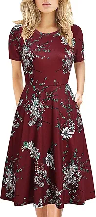 Women's Elegant Vintage Cotton Casual Floral Print Work Party A-Line Swing Dress with Pockets 162