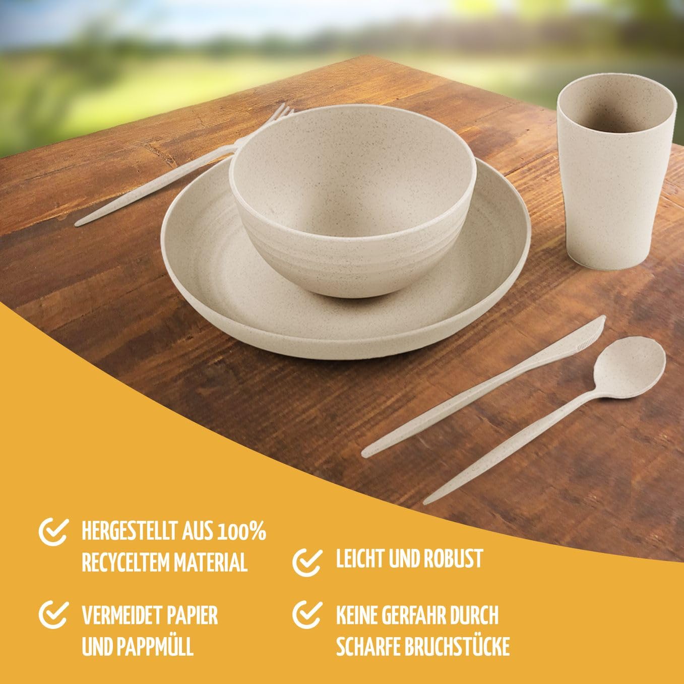 Umweltfreundliches Camping-Geschirrset – 100% Recyceltes Material | Mehrweg, Bunt, Für Wohnmobil, Picknick, Outdoor & Kinder