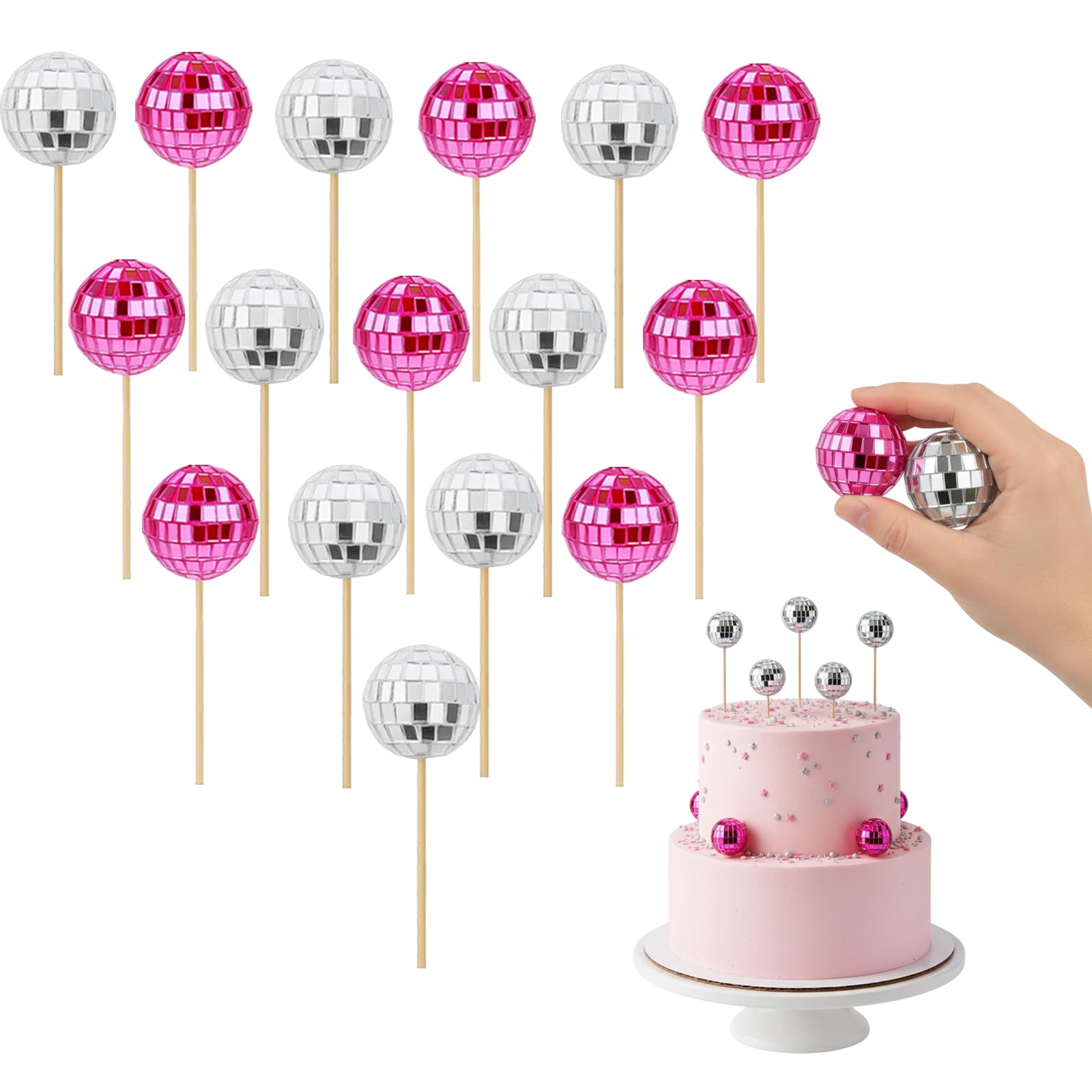16 Mini Disco Balls, 2.3cm Disco Ball Cake Decorations, Disco Ball Cake Topper, Shiny Disco Balls for Cake, Pink Cake Decoration, Disco Cake Decoration, Party Decorations