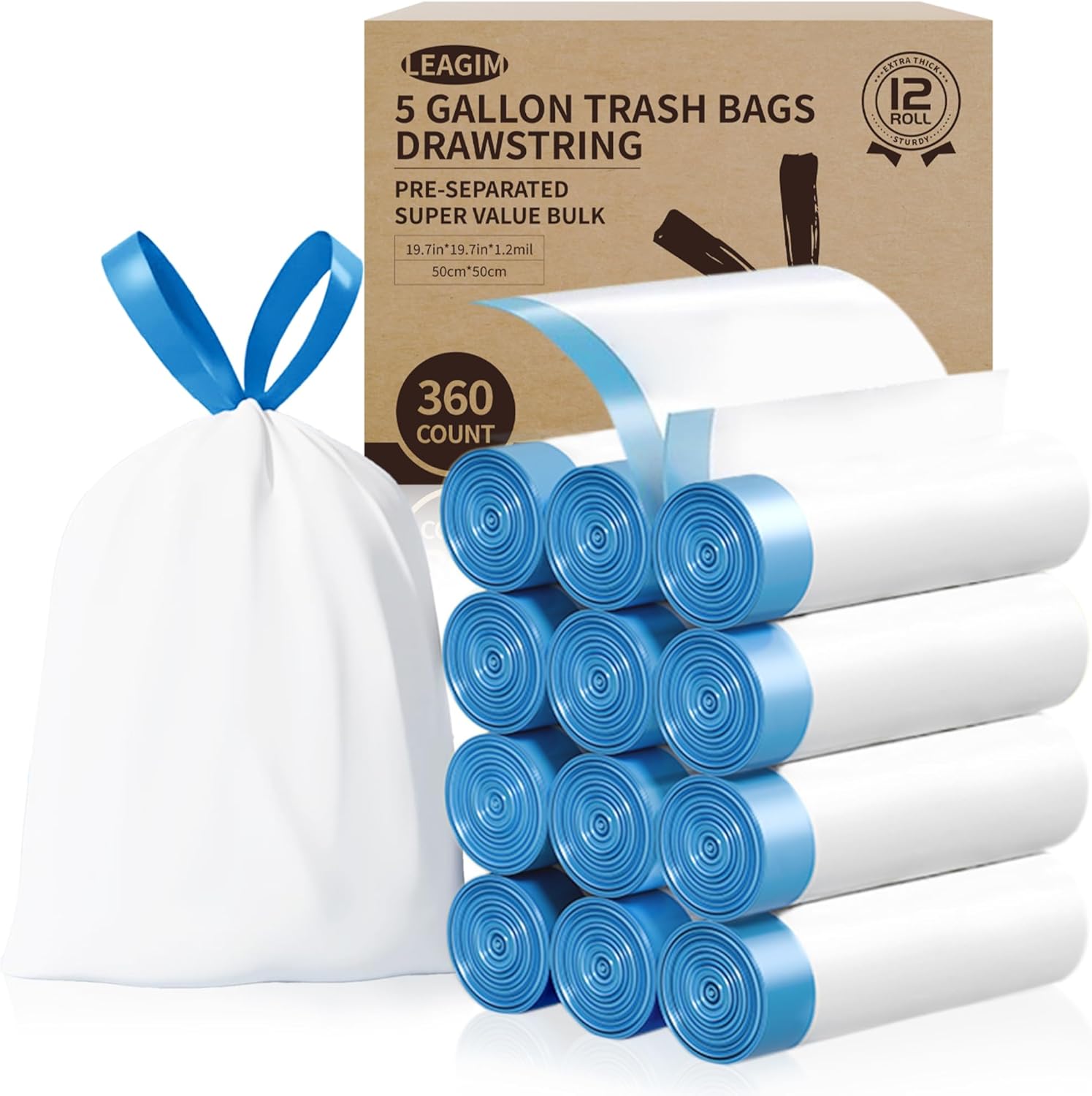 5 Gallon Trash Bags, 360 Count -1.2 Mil Drawstring Small Garbage Bags, White Plastic Trash Can Liners for Bathroom Accessories, 18 Liter, Bedroom, Dorm Room Essentials, Office
