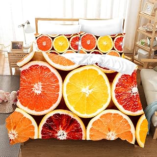Odot Fruit Pattern Duvet Cover, Bedding Set 3 Pieces Microfiber Polyester 3D Printing 2 Pillowcases Single Double King Size Bed Girls Boys Zipper Easy Care (200×200cm,Orange)