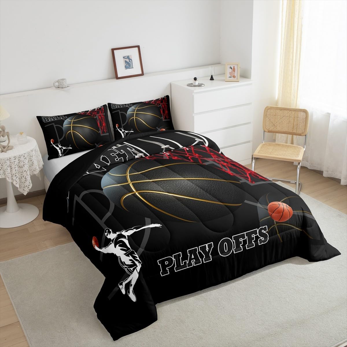 Basketball Room Bedding for Boys Sport Dunk Basketball Comforter Set Full Size for Kids Teens, 3D Black Ball Printed Bedding Comforter Sets Sport Game Ball Theme Duvet Insert Basketball Player Quilt