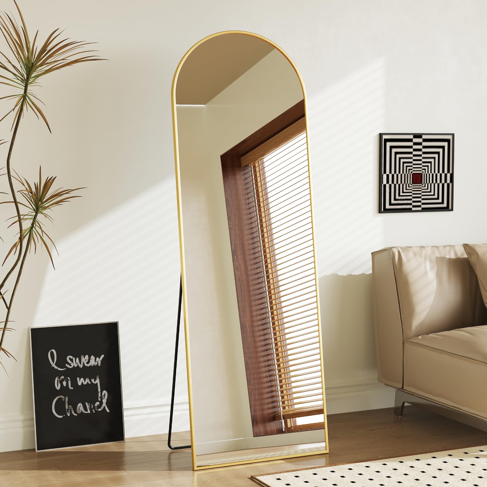 DUMOS Arched Full Length Mirror with Stand Floor Standing Aluminum Frame for Bedroom Body Hanging Leaning Modern Simple Home Decor Shatter-Proorf Nano Glass Wall Living Room Cloakroom Black 59"x16": Gold-rounded 58"L x 19"W