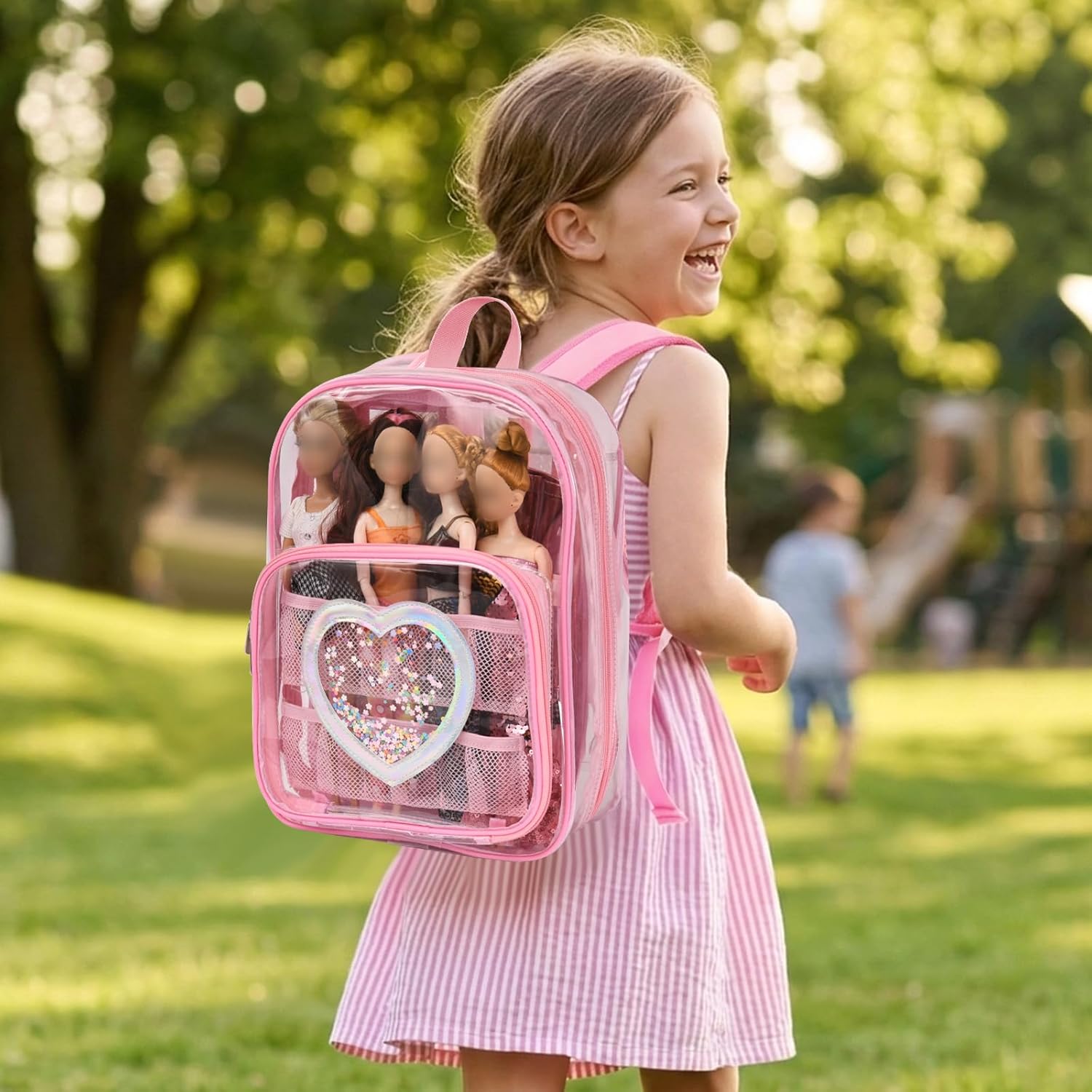 Backpack Compatible with Barbie Dolls 12-Inch, Transparent Storage Box, Barbie Doll Display Holds up to 6 Dolls, Display Pockets for Doll’s Clothes, Accessories, Bag Only (Pink)