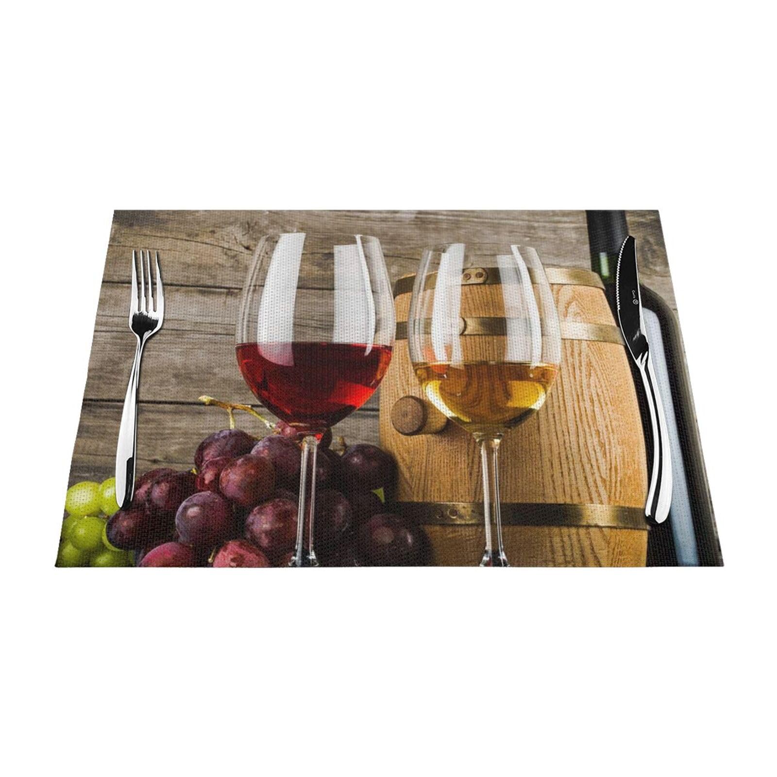 PVC Placemat Set of 6 PCS, 45x30 CM, Red Wine Galsses & Grapes with Wooden Printed Non-Slip Heat Resistant Place Mats for Kitchen Dining Table Indoor Outdoor
