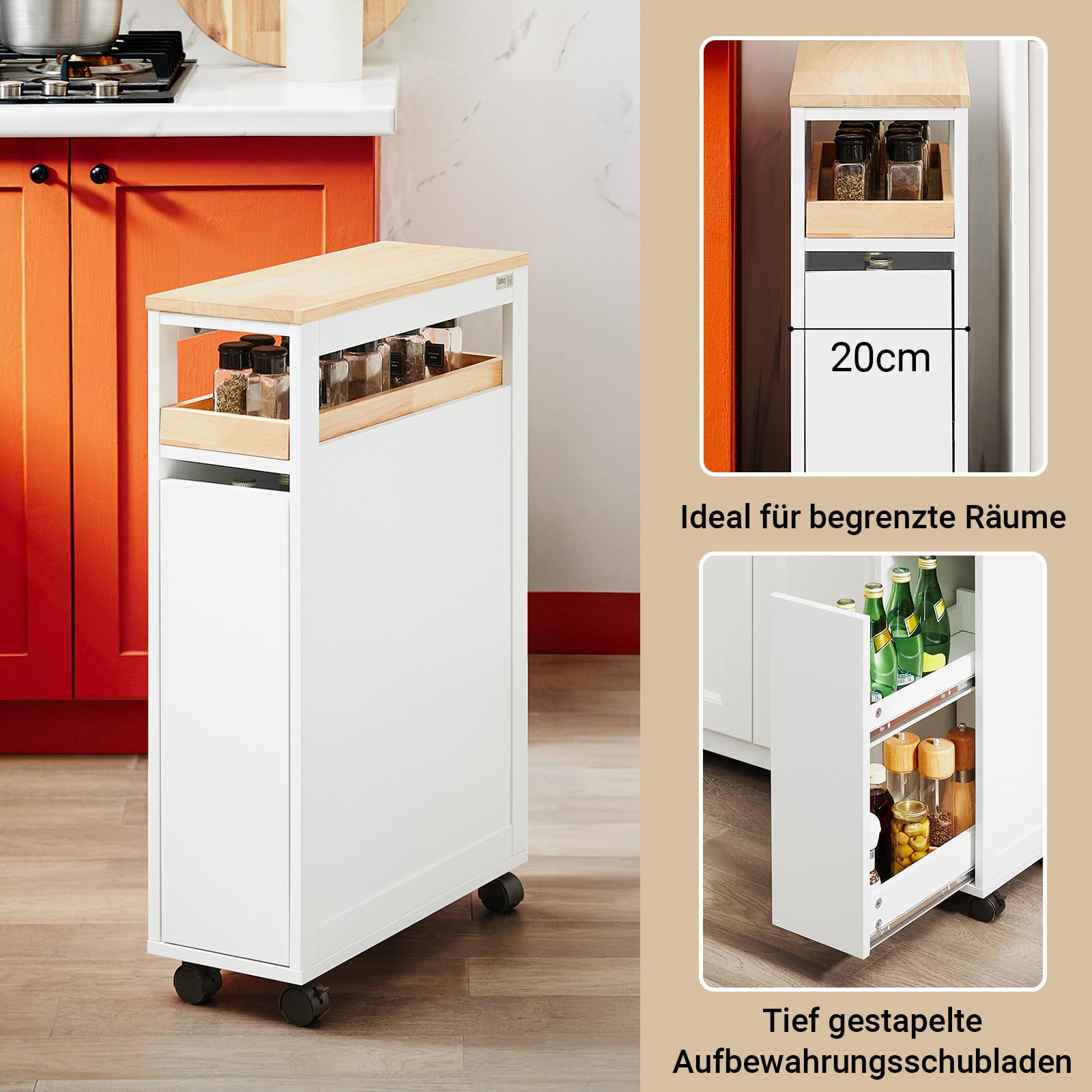 SoBuy Nischenschrank 20 cm mit Rollen – platzsparender Apothekerschrank Küche, schmaler Rollwagen und küchenregal schmal für Küche & Bad, Nischenregal für Enge Räume, 79 × 51 × 20 cm Weiß NSR11-WN