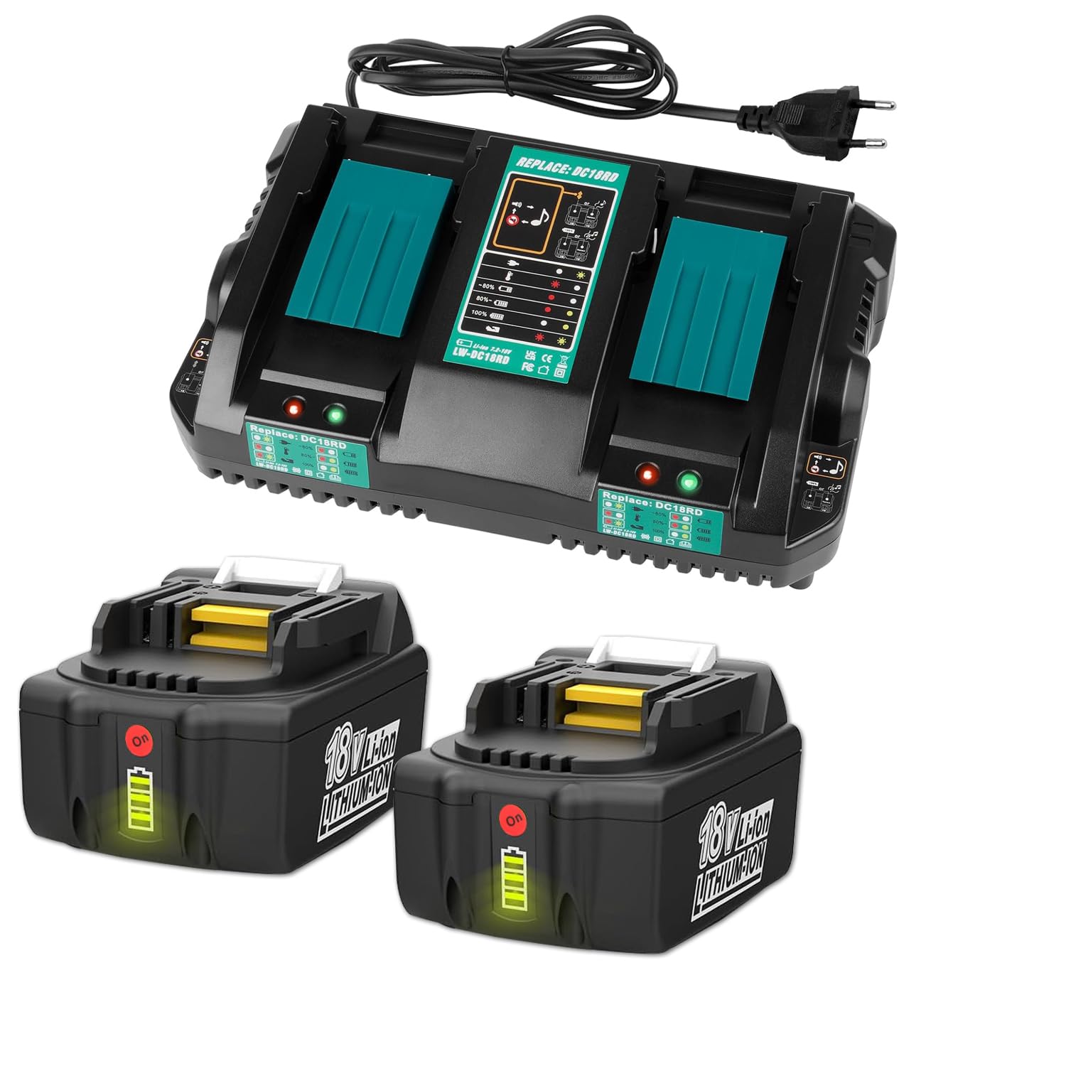 Akku Ersatz für Makita Akku 18V 5Ah 2 Stück BL1850B mit Ladegerät 18V Doppelladegerät DC18RD DC18SF Kompatibel mit Rasenmäher DLM432Z 2 x 18v DUC353 DUC355Z DDF485Z
