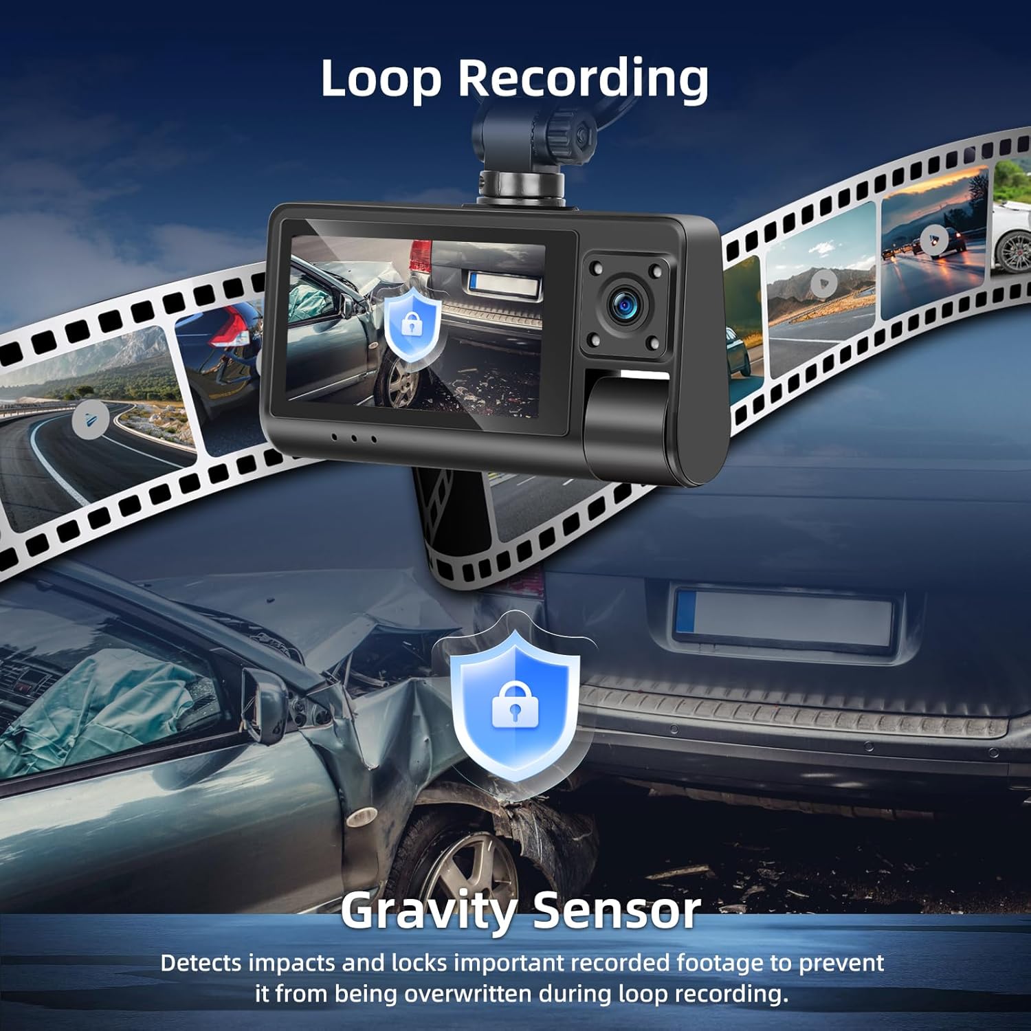 NHOPEEW 3 Channel Dash Cam for Cars, Dash Cam Front and Rear Inside, Bulit-in WiFi: 3 inch IPS Screen, 1080P Triple Dash Camera with 64GB Card, G-Sensor, Loop Record, Night Vision + Rearview Camera