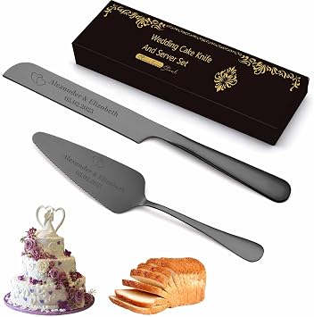 Personalized Wedding Cake Knife and Server Set, Stainless Steel Cake Cutting Set for Wedding, Custom Cake Cutter and Pie Server for Wedding, Engagement, Anniversary, Bride and Groom Black