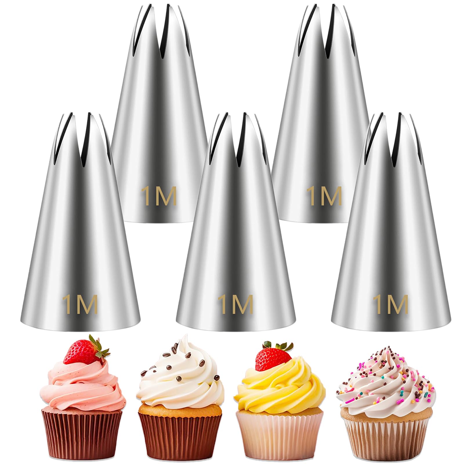 Suuker 1M Piping Tips, Stainless Steel Large Star Piping Tips Set, Cupcake Pastry Tips for Cookie and Cake Decorating, DIY Cream, 5 Pieces