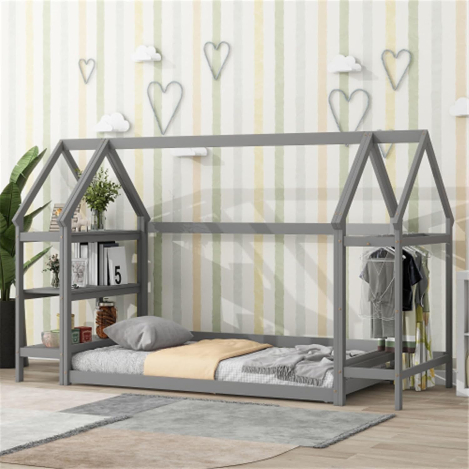 Simple Wooden Double Log Cabin Bed with Storage Rack and Hanger, Kids Bedroom Set, Kids Bed Frame Grey