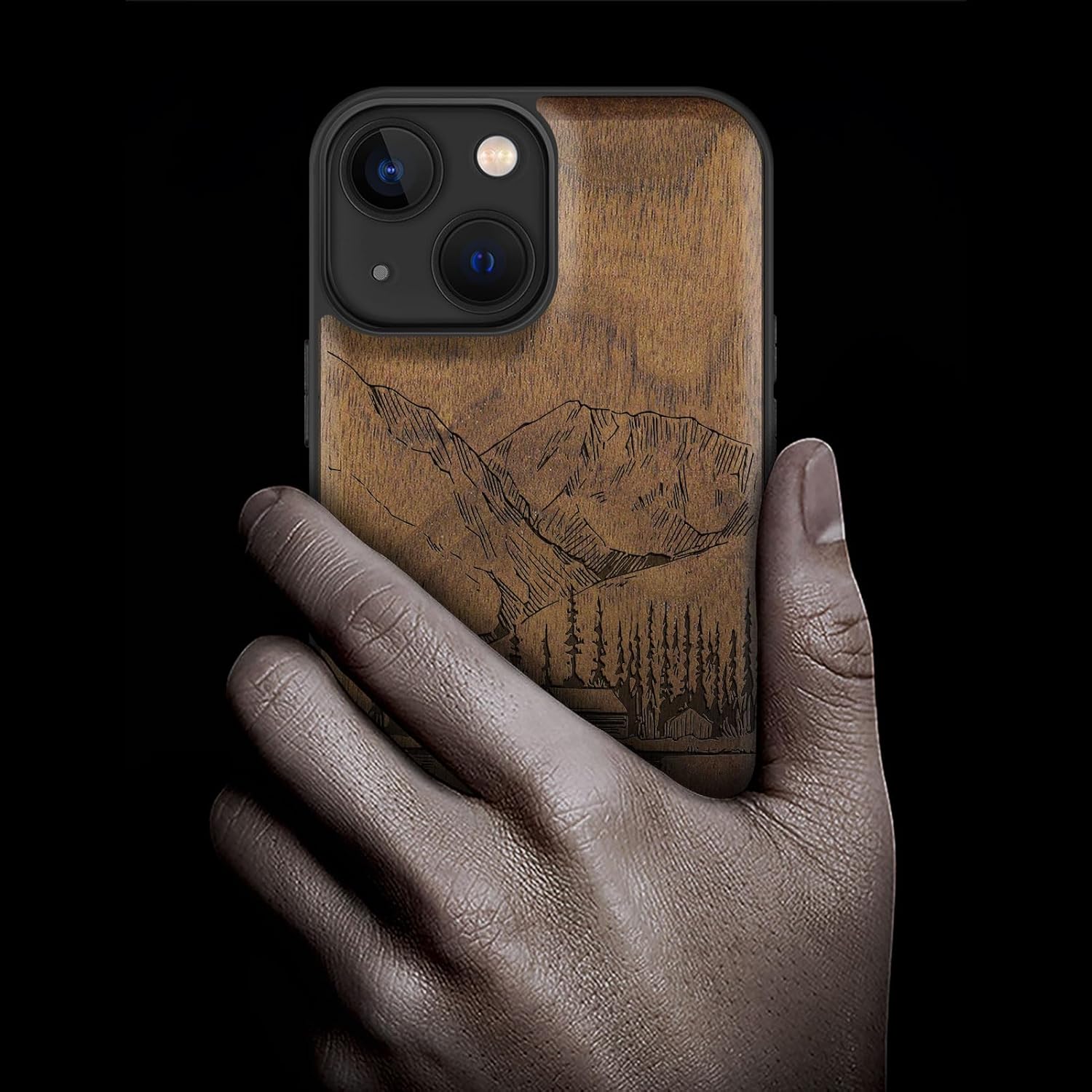 Carveit Magnetic Wood Case for iPhone 13 Mini Case [Natural Wood & Black Soft TPU] Unique Wooden Shockproof Protective Cover Compatible with magsafe (Lakes and Mountains -Walnut)